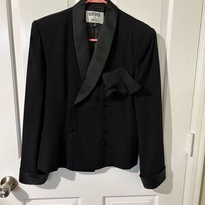 Kasper Black Satin-Trim Double-Breasted Jacket with Pocket Accent